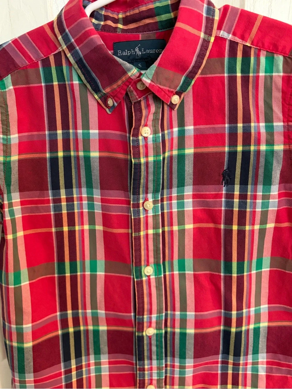 Ralph Lauren Boy's Colorful Red/Green/Blue Plaid Short-Sleeve Button Down Size 5